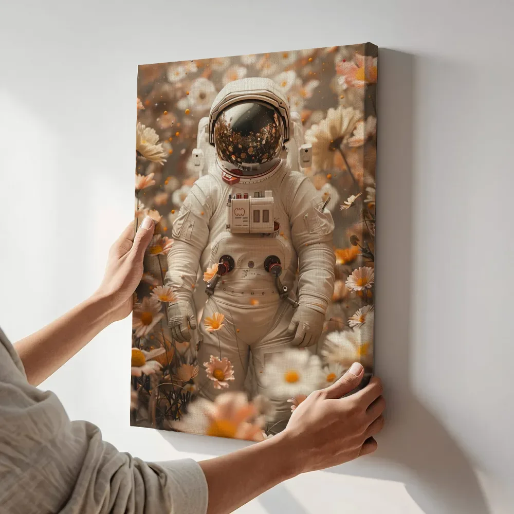 Sfeerimpressie: Astronaut in bloemenveld terwijl het aan de muur wordt gehangen