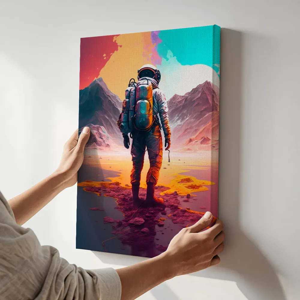Sfeerimpressie: Astronaut in het berglandschap terwijl het aan de muur wordt gehangen