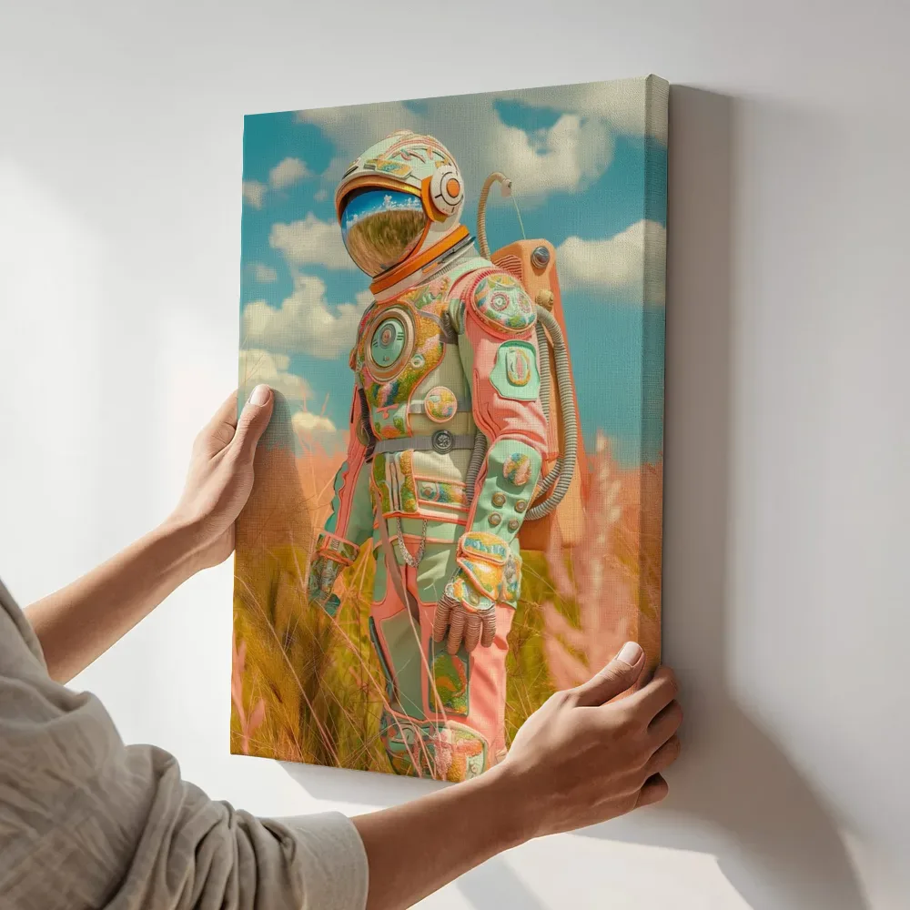 Sfeerimpressie: Astronaut in het korenveld terwijl het aan de muur wordt gehangen