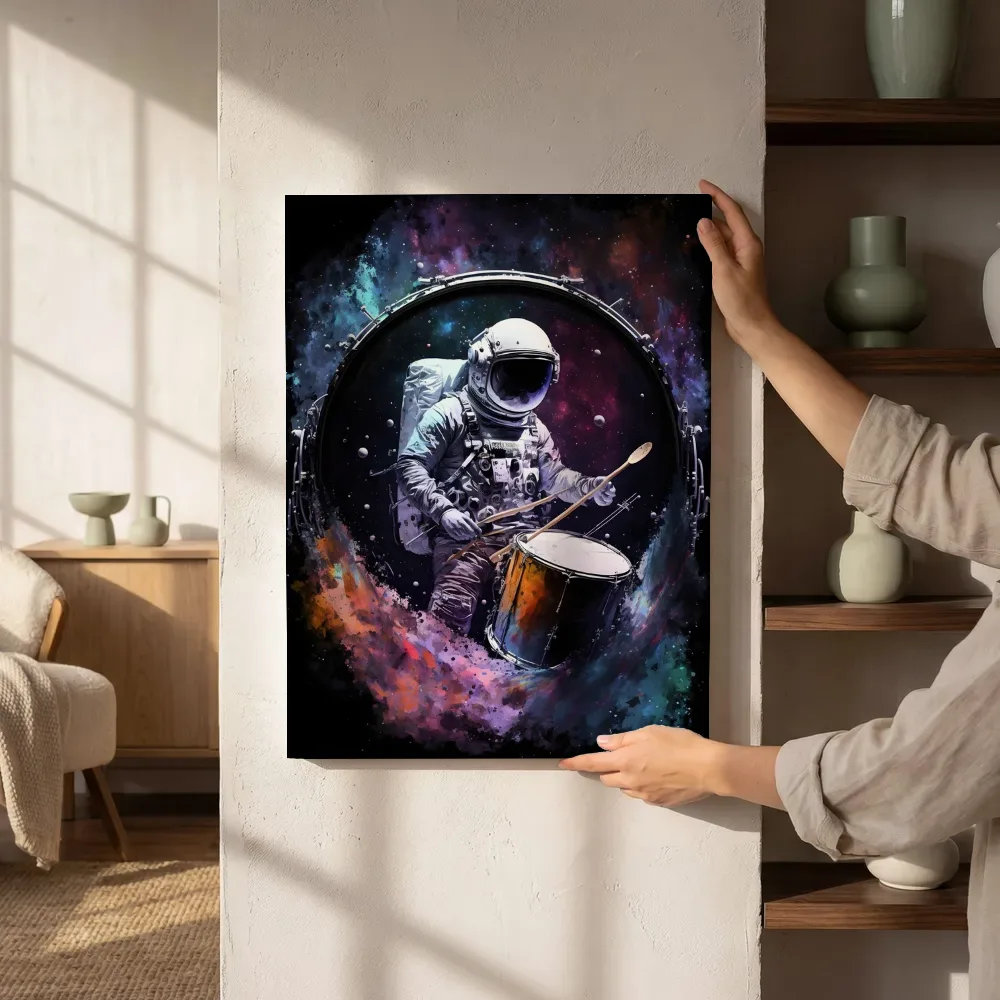 Sfeerimpressie: Astronaut in kosmische kleurenwolk naast de kast