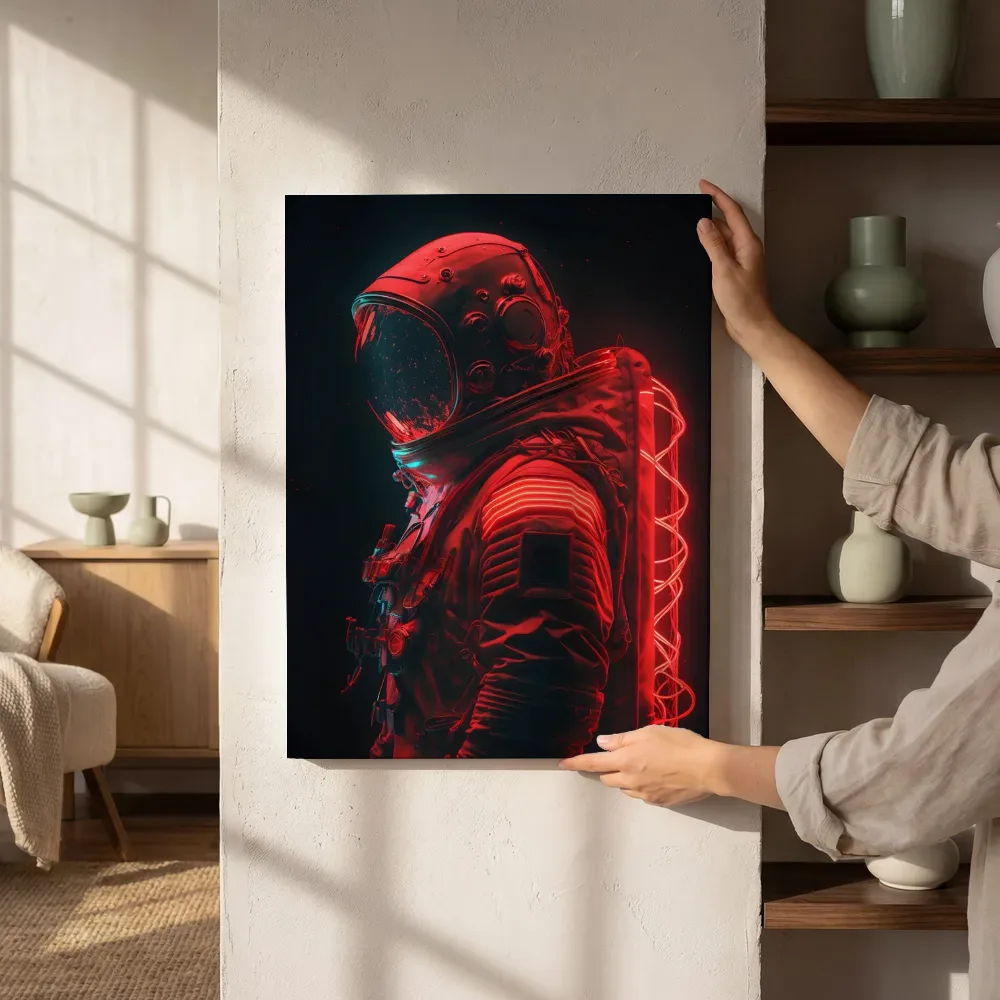 Sfeerimpressie: Astronaut in rood neonlicht naast de kast