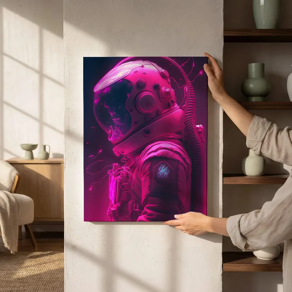 Sfeerimpressie: Astronaut in roze neonlicht naast de kast