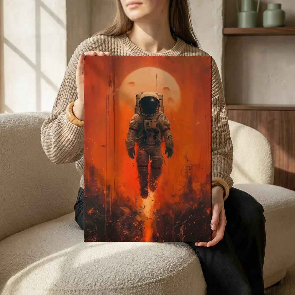Sfeerimpressie: Astronaut onder de oranje maan terwijl het zittend wordt getoond