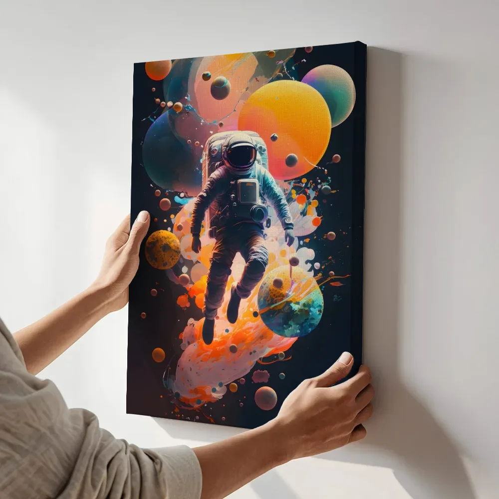 Sfeerimpressie: Astronaut tussen de planeten terwijl het aan de muur wordt gehangen
