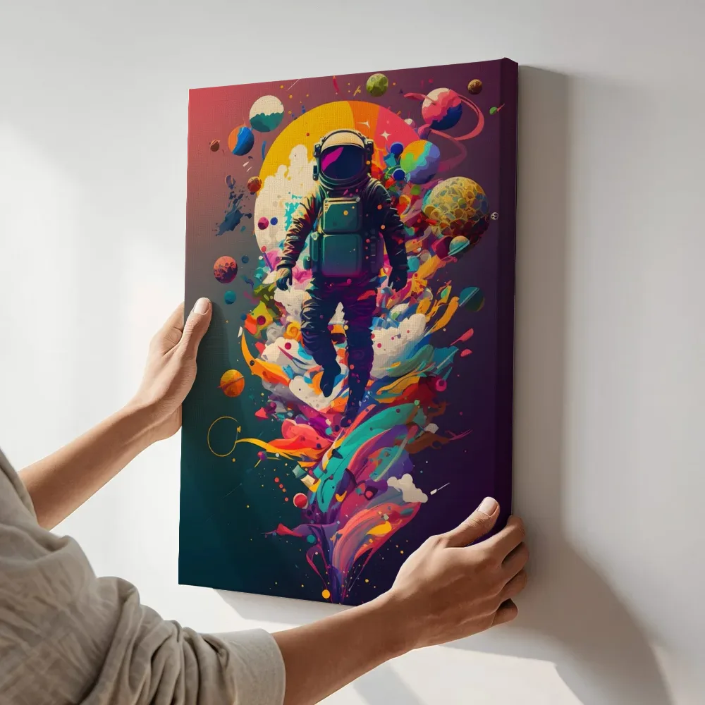 Sfeerimpressie: Astronaut tussen kleurexplosies terwijl het aan de muur wordt gehangen