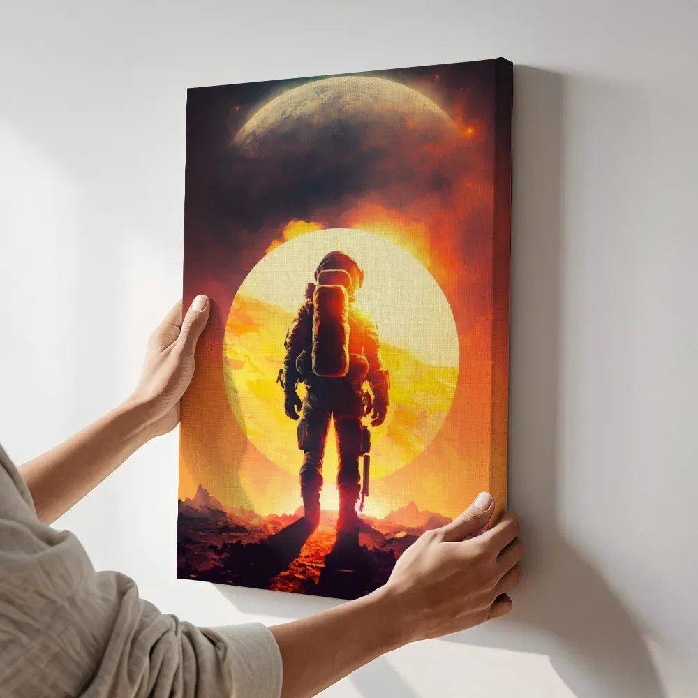 Sfeerimpressie: Astronaut voor de gloeiende zon terwijl het aan de muur wordt gehangen