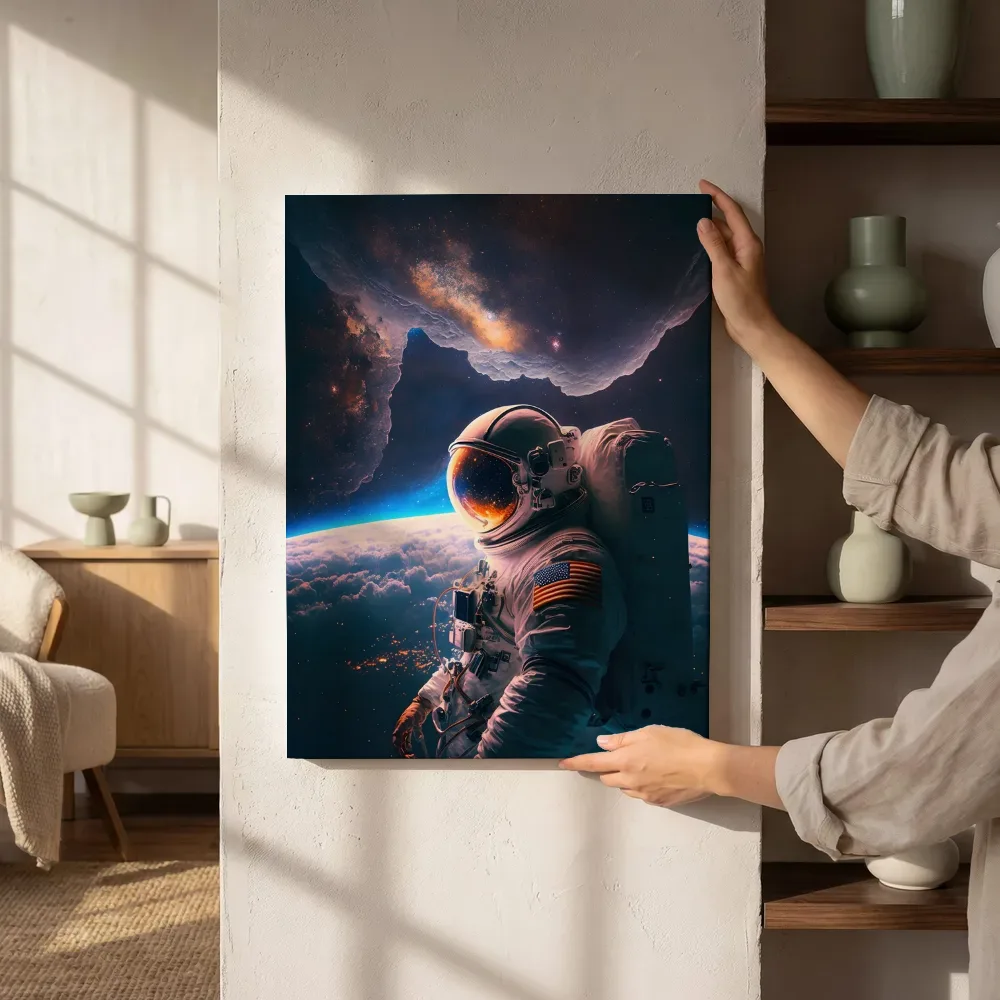 Sfeerimpressie: Astronaut zwevend boven de aarde terwijl het aan de muur wordt gehangen