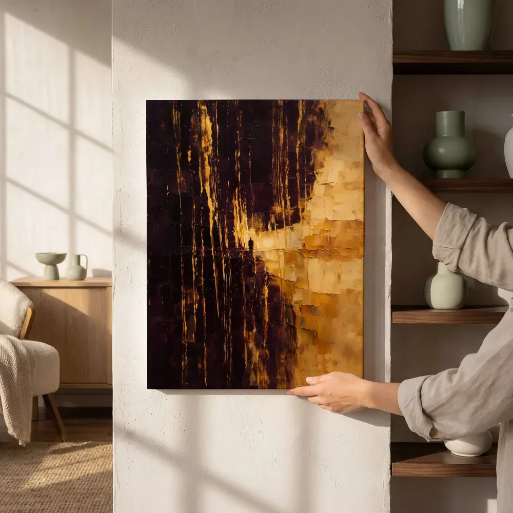 Sfeerimpressie: Aubergine en goud in verticale halen naast de kast