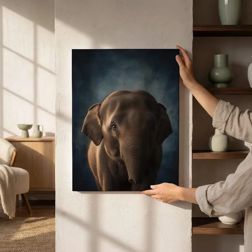 Sfeerimpressie: Aziatische Olifant van voren in inktblauw naast de kast