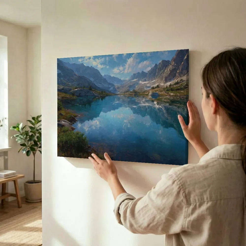 Sfeerimpressie: Azuurblauw bergmeer met herfstoever terwijl het wordt opgehangen