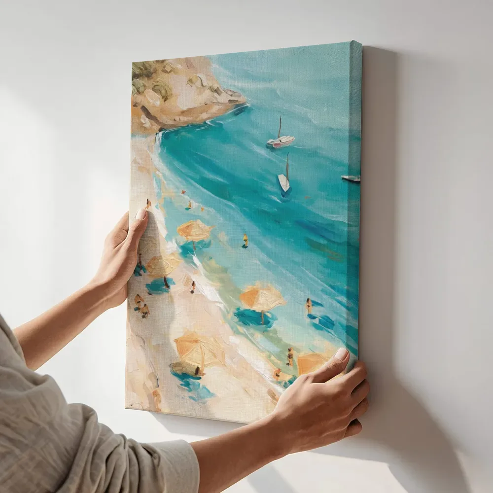 Sfeerimpressie: Baai met parasols terwijl het aan de muur wordt gehangen
