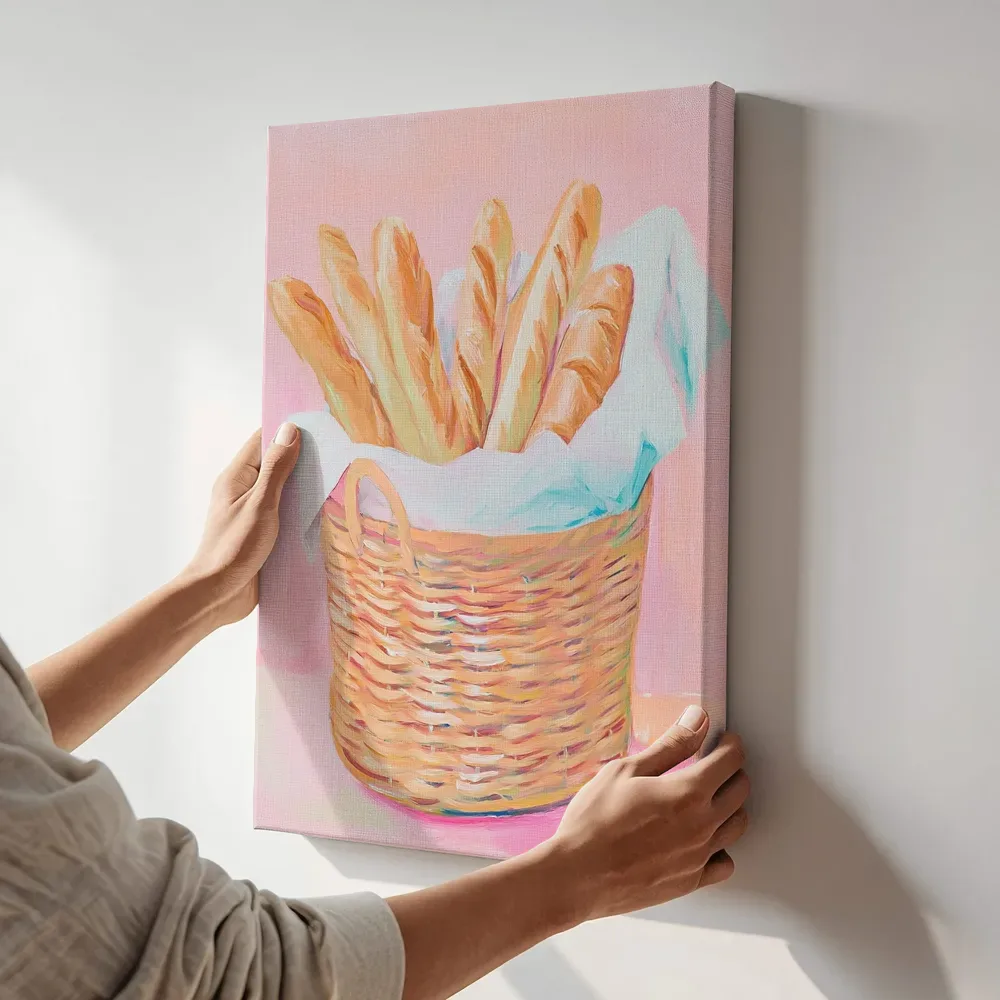 Sfeerimpressie: Baguettes in rieten mand terwijl het aan de muur wordt gehangen