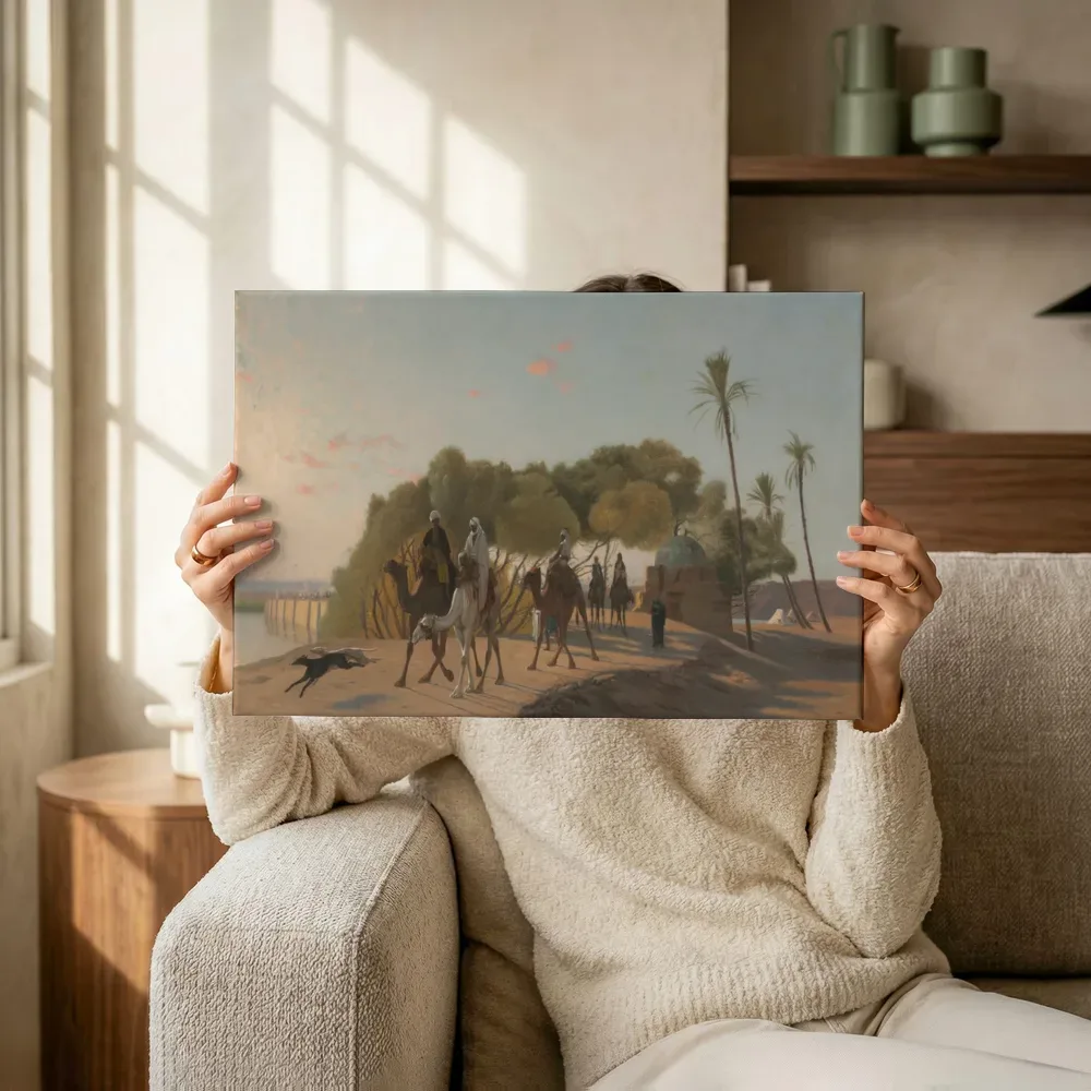 Sfeerimpressie: Karavaan met kamelen bij palmen van Jean-Leon Gerome terwijl het omhoog wordt gehouden