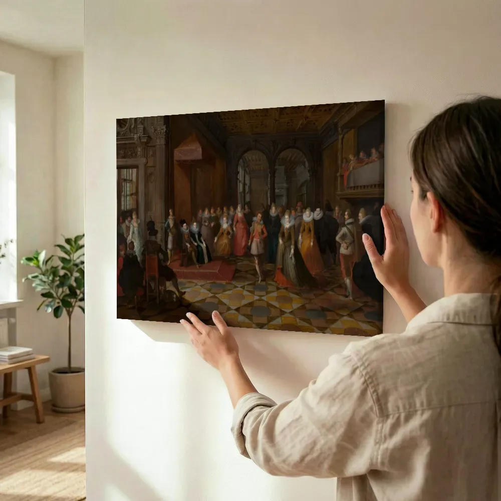 Sfeerimpressie: Bal aan een Brussels hof van Frans Francken de Jonge, Paul Vredeman de Vries terwijl het wordt opgehangen