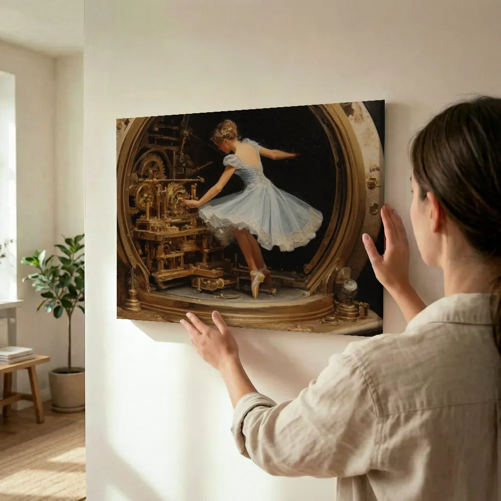 Sfeerimpressie: Ballerina in gouden uurwerk terwijl het wordt opgehangen