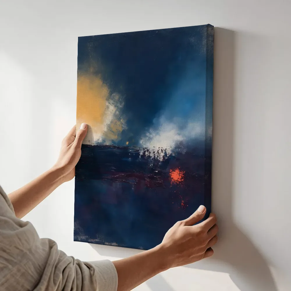 Sfeerimpressie: Band in zachte kleurvelden, marineblauw terwijl het aan de muur wordt gehangen