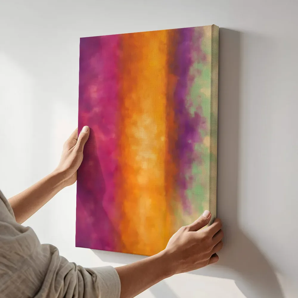 Sfeerimpressie: Banen in fel magenta terwijl het aan de muur wordt gehangen