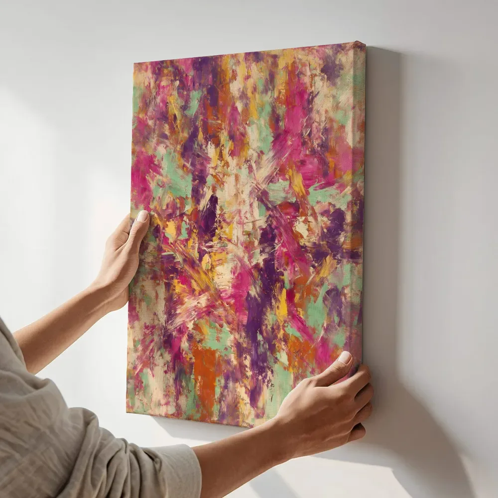 Sfeerimpressie: Banen Zwaai in fel magenta terwijl het aan de muur wordt gehangen
