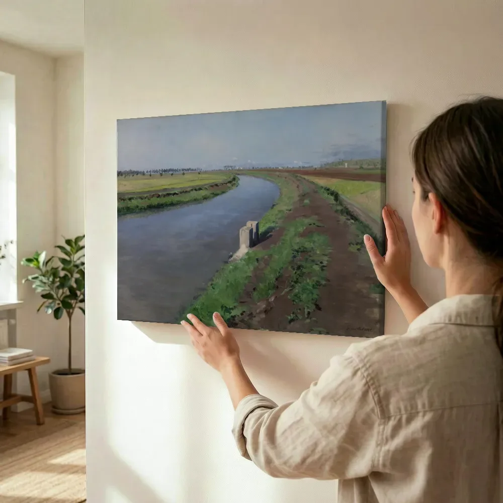 Sfeerimpressie: Oevers van een kanaal bij Napels van Gustave Caillebotte terwijl het wordt opgehangen