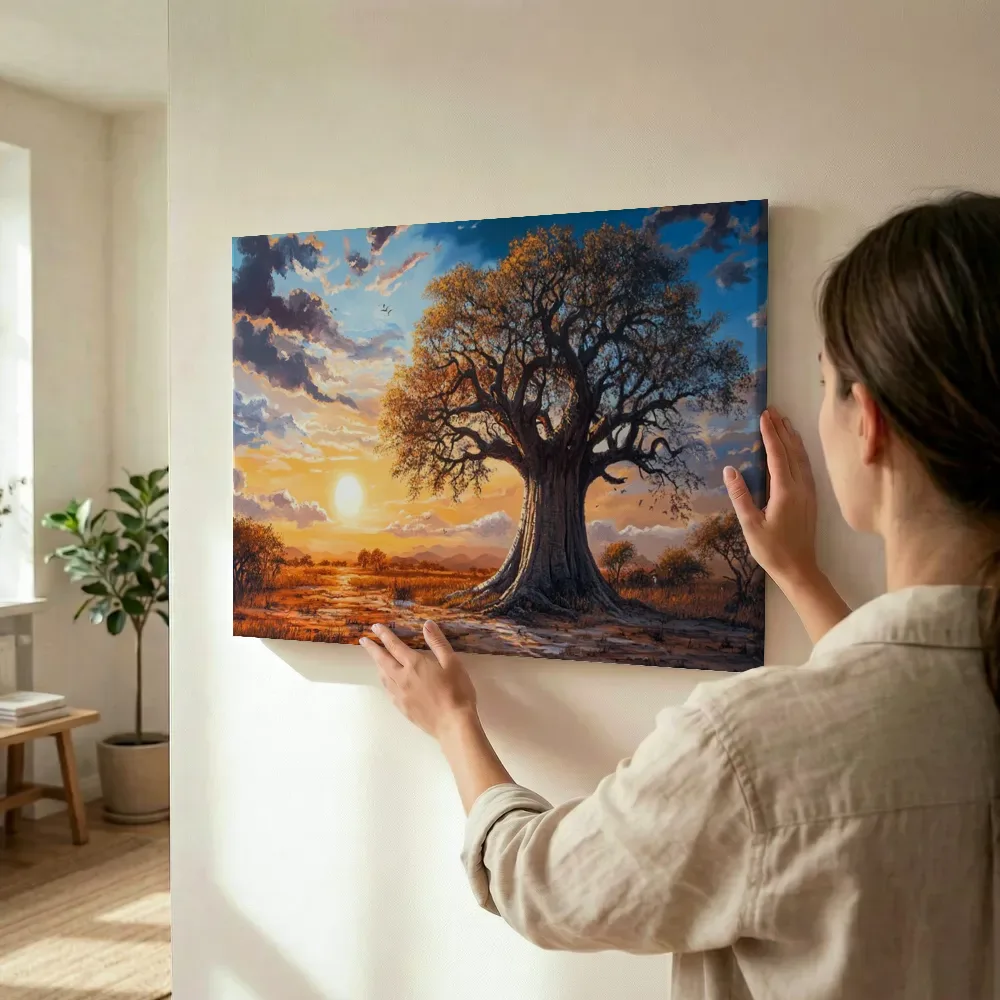 Sfeerimpressie: Baobab boom bij zonsondergang terwijl het wordt opgehangen