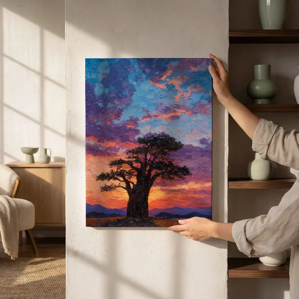 Sfeerimpressie: Baobab bij zonsondergang schilderij naast de kast