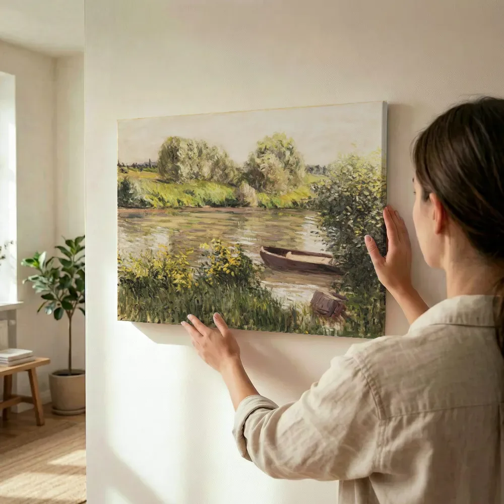 Sfeerimpressie: Schuiten aan de rivier in de herfst van Gustave Caillebotte terwijl het wordt opgehangen