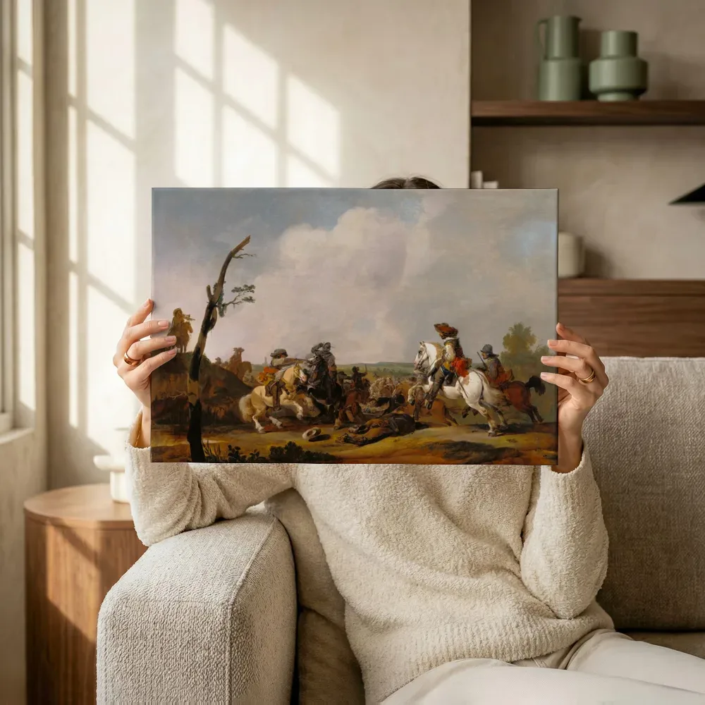 Sfeerimpressie: Gevechtstafereel (1651) van Johannes Lingelbach terwijl het omhoog wordt gehouden
