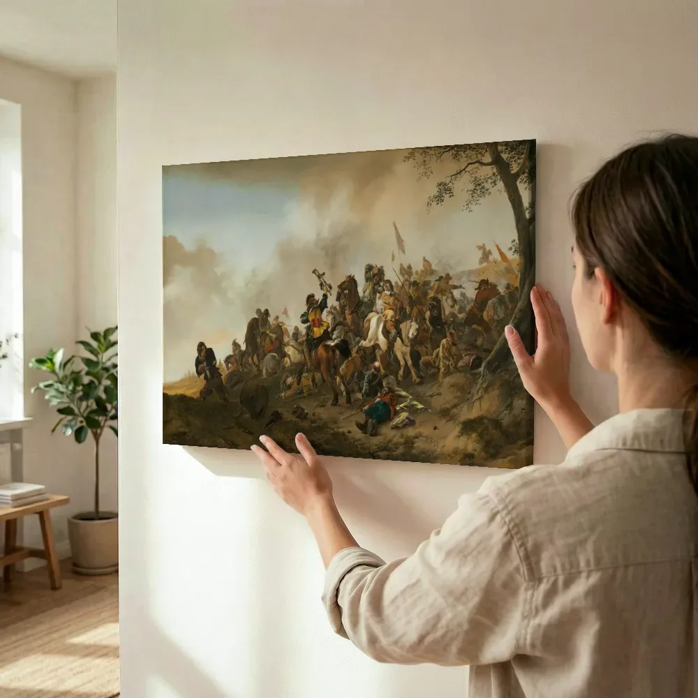 Sfeerimpressie: Slagtafereel van Philips Wouwerman terwijl het wordt opgehangen