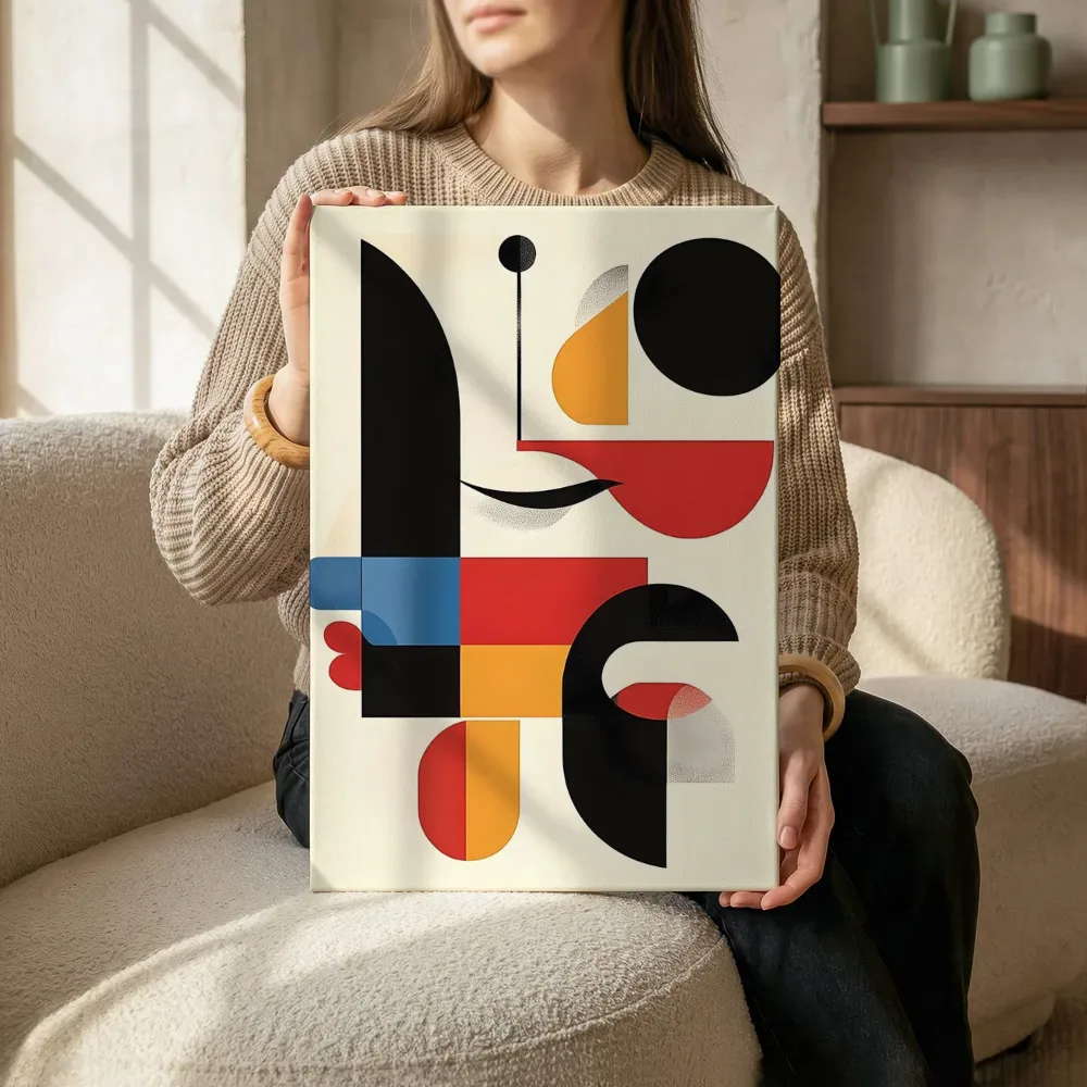 Sfeerimpressie: Bauhaus abstracte vormen in zwart, rood en blauw terwijl het zittend wordt getoond