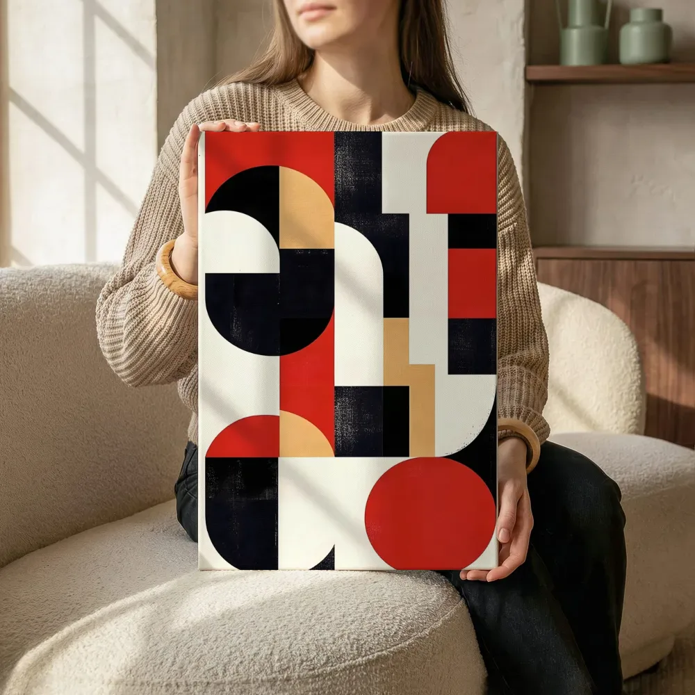 Sfeerimpressie: Bauhaus bogen in rood, zwart en mosterd terwijl het zittend wordt getoond