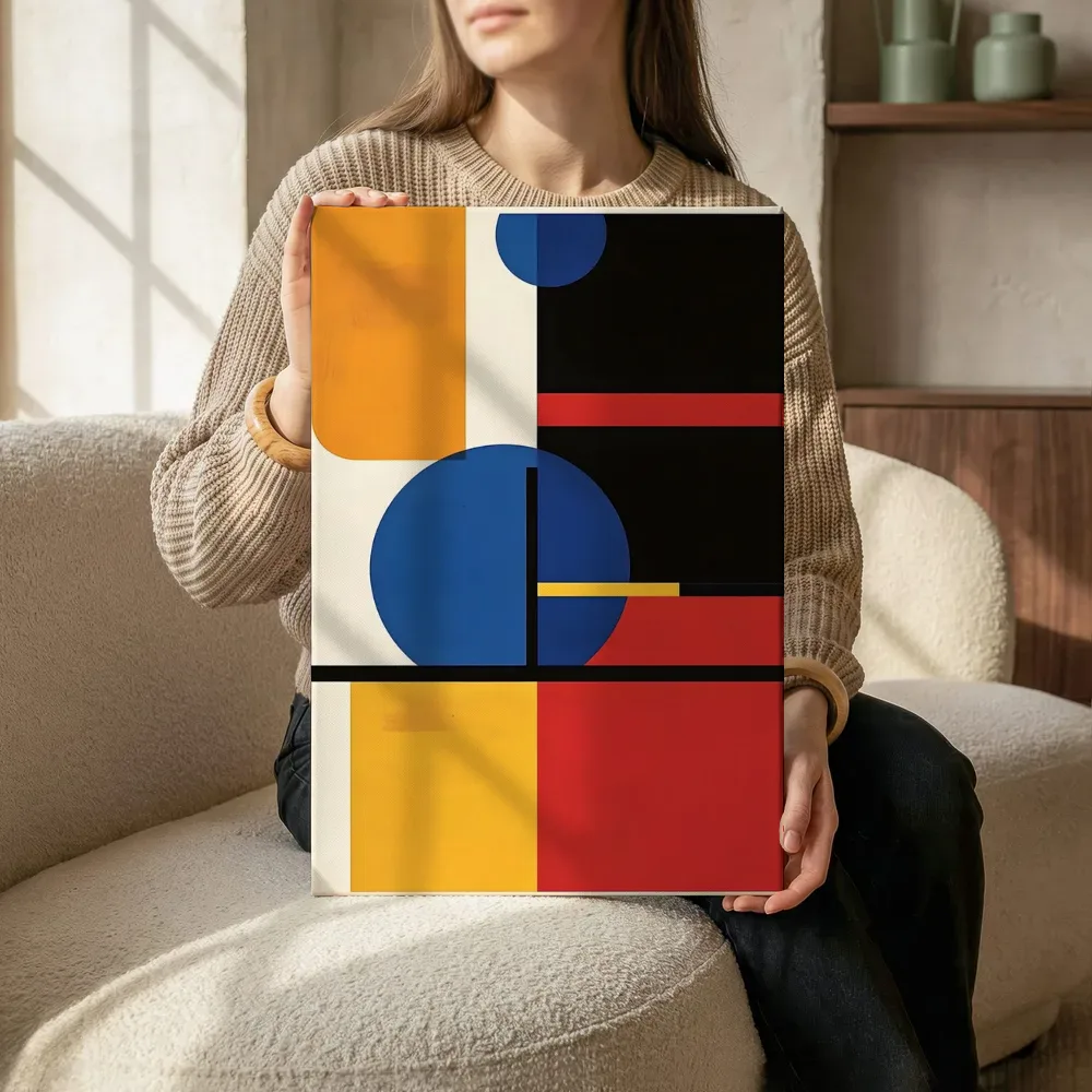 Sfeerimpressie: Bauhaus cirkels in blauw, rood en geel terwijl het zittend wordt getoond