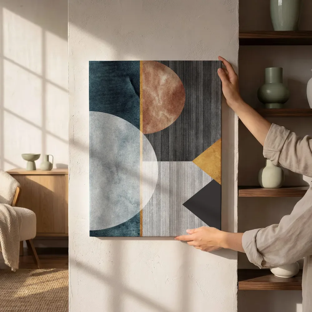 Sfeerimpressie: Bauhaus cirkels in terracotta en marineblauw naast de kast