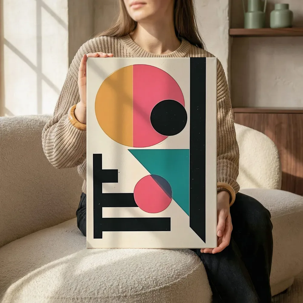 Sfeerimpressie: Bauhaus staven met roze boog en teal kom terwijl het zittend wordt getoond