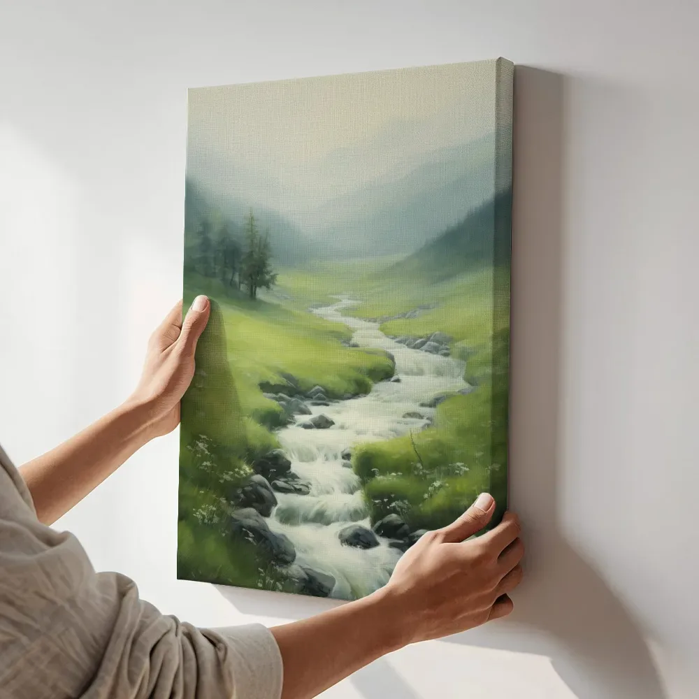 Sfeerimpressie: Beek door de bergen terwijl het aan de muur wordt gehangen