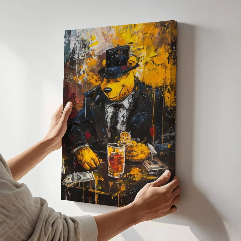 Sfeerimpressie: Beer in pak met whisky terwijl het aan de muur wordt gehangen