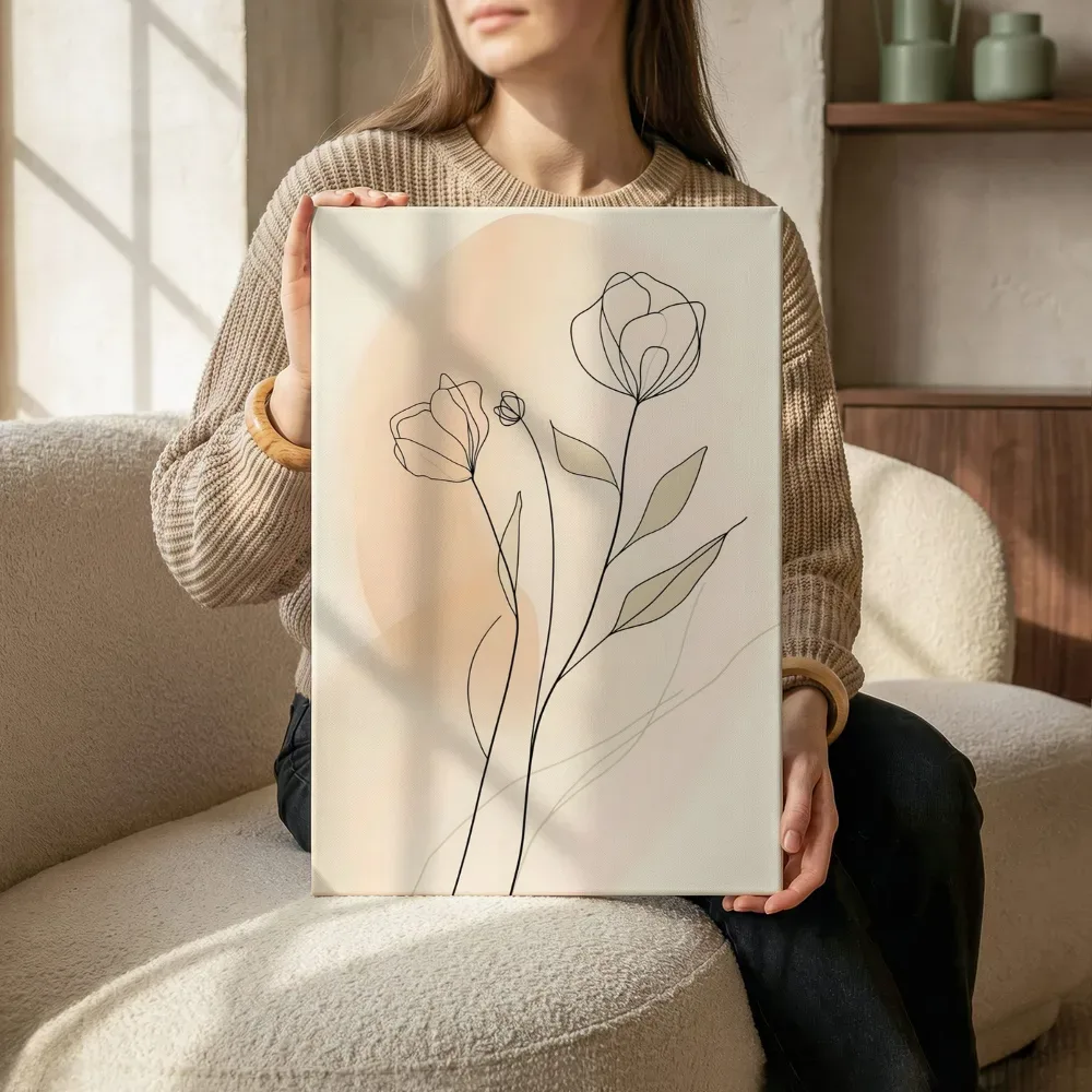 Sfeerimpressie: Beige lijntekening tulpen terwijl het zittend wordt getoond