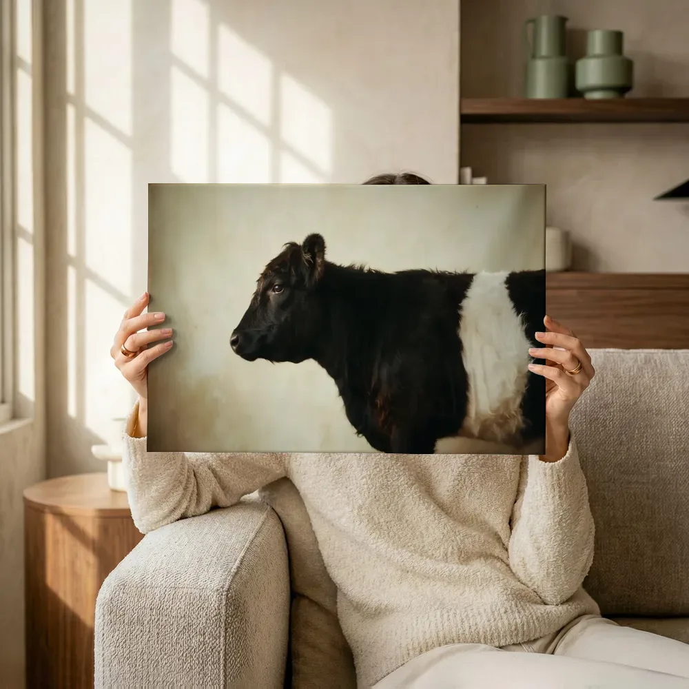 Sfeerimpressie: Belted Galloway en profil in creme terwijl het omhoog wordt gehouden