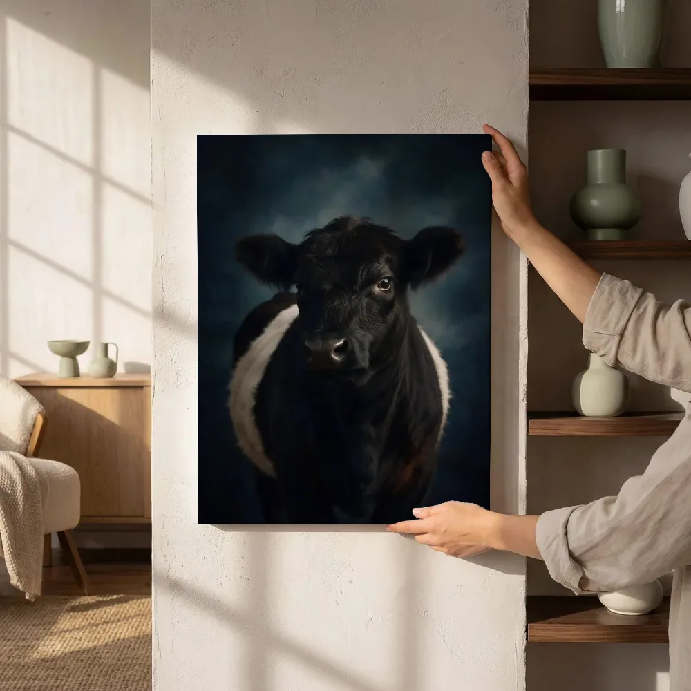 Sfeerimpressie: Belted Galloway van voren in inktblauw naast de kast
