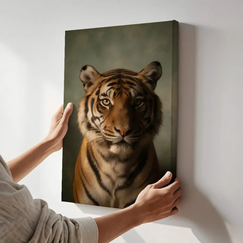 Sfeerimpressie: Bengaalse Tijger van voren in salie terwijl het aan de muur wordt gehangen