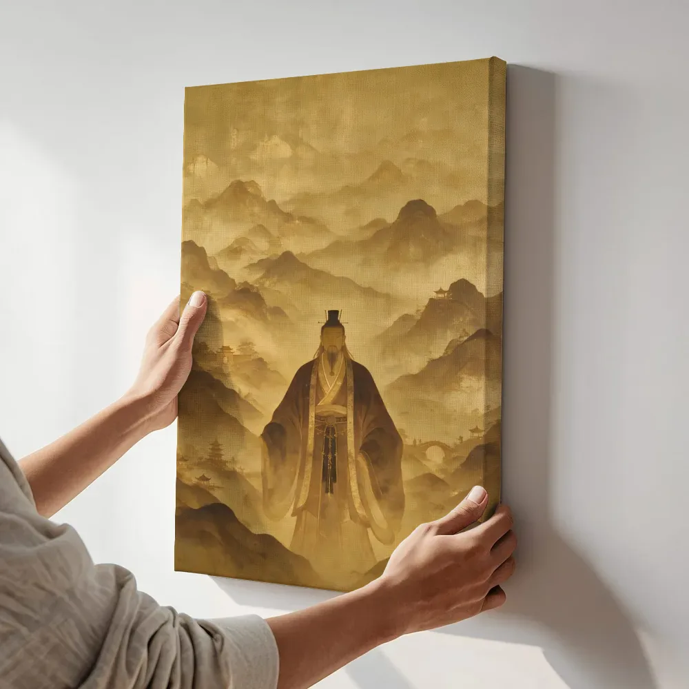 Sfeerimpressie: Berglandschap in goud en brons terwijl het aan de muur wordt gehangen