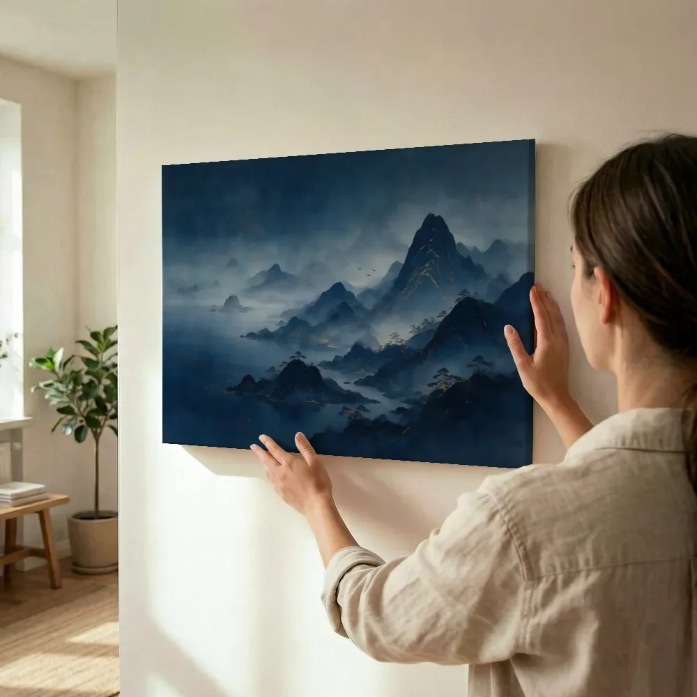 Sfeerimpressie: Berglandschap in indigo en goud terwijl het wordt opgehangen