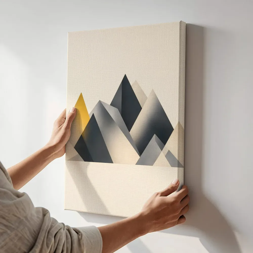 Sfeerimpressie: Berglandschap Modern Bauhaus in grafietgrijs terwijl het aan de muur wordt gehangen