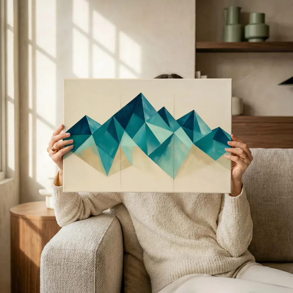 Sfeerimpressie: Berglandschap Modern Bauhaus in zeeblauw terwijl het omhoog wordt gehouden