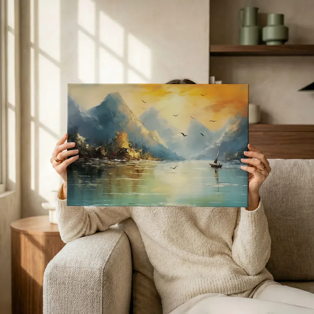 Sfeerimpressie: Berglandschap zonsondergang in oranje en blauw terwijl het omhoog wordt gehouden