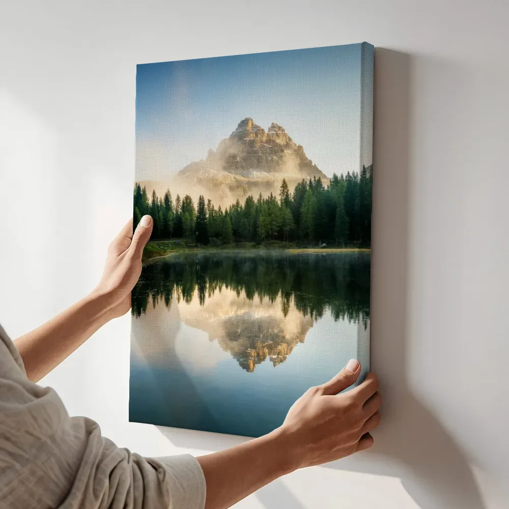 Sfeerimpressie: Bergtop met spiegelend meer terwijl het aan de muur wordt gehangen