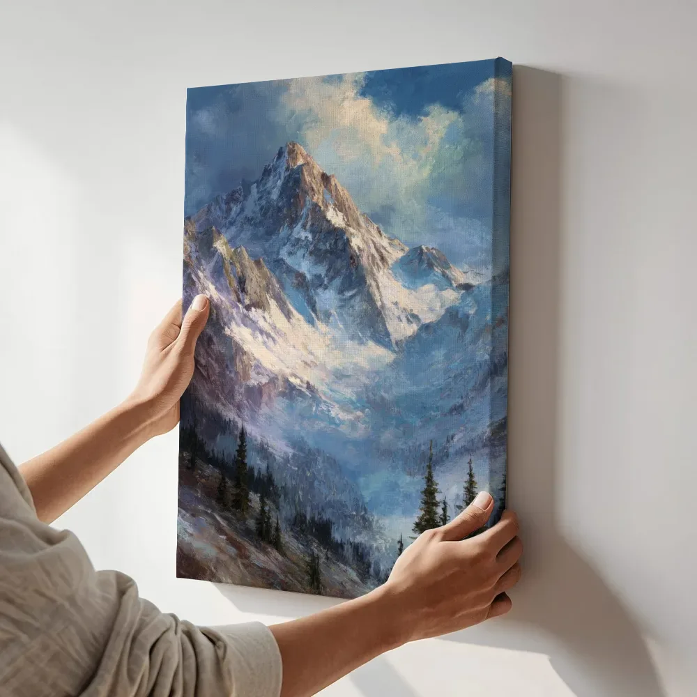 Sfeerimpressie: Bergtop met wervelende wolken terwijl het aan de muur wordt gehangen