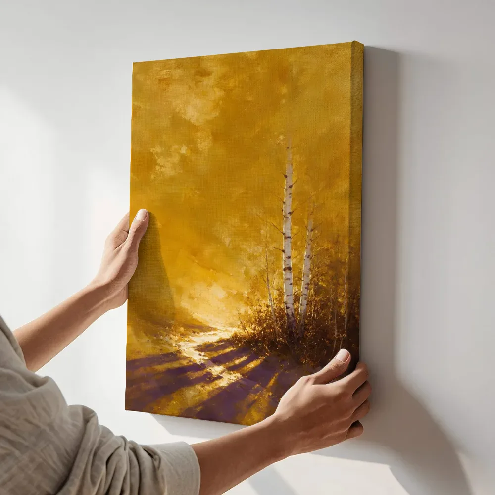 Sfeerimpressie: Berken tegen donker hout in amber terwijl het aan de muur wordt gehangen