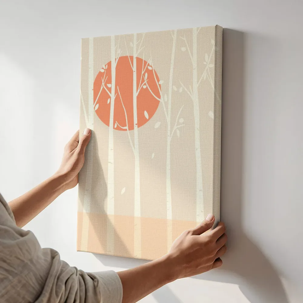Sfeerimpressie: Berkenbos met oranje zon terwijl het aan de muur wordt gehangen