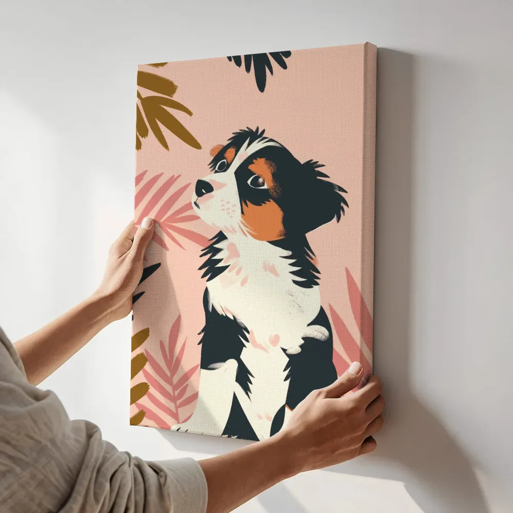 Sfeerimpressie: Berner sennenhond puppy tussen bladeren terwijl het aan de muur wordt gehangen