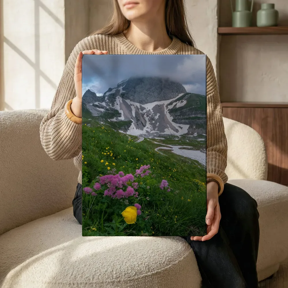 Sfeerimpressie: Alpenweide met wilde bloemen en besneeuwde top terwijl het zittend wordt getoond